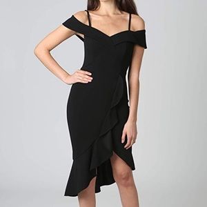 bebe Off Shoulder Cascade Ruffle Flounce Dress